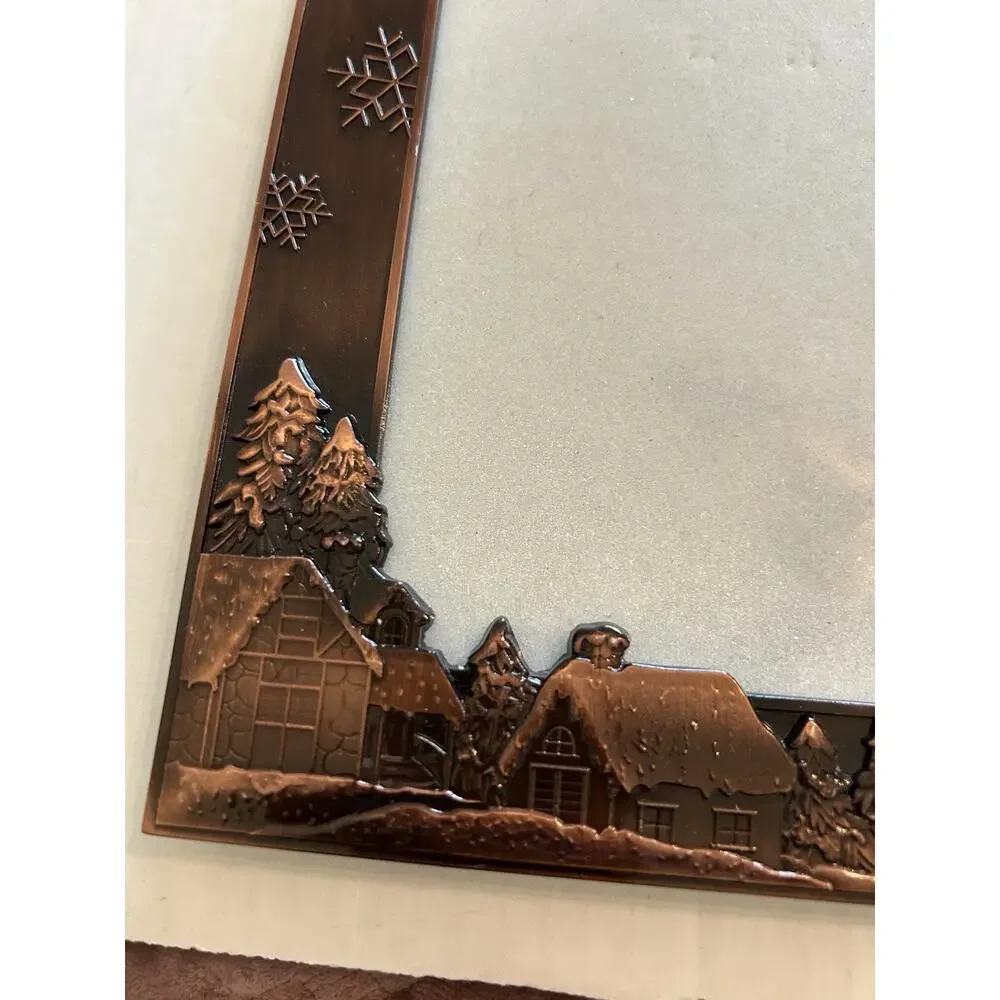 Vtg Copper Lacquer Christmas Metal 5x7 Photo Frame Flying Santa Sleigh Village